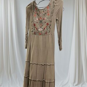 Embroidered Army Green Maxi Dress XS